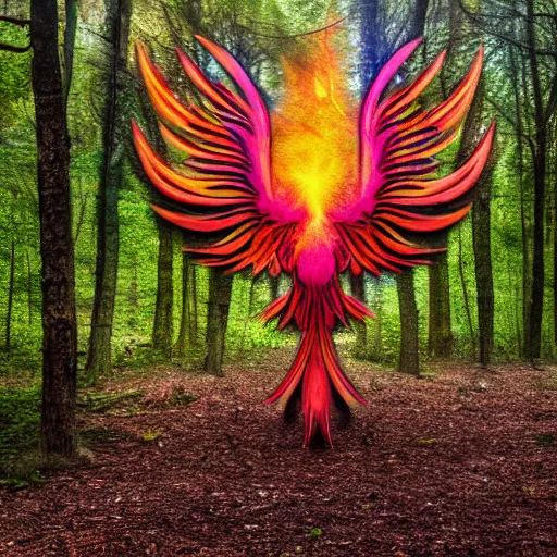 Prompt: A colorful phoenix full of color in an abandoned forest, photo realistic, 8k