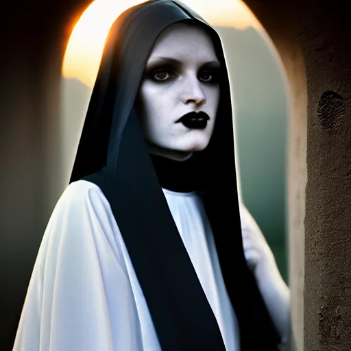 Prompt: photographic portrait of a stunningly beautiful goth nun female in soft dreamy light at sunset, contemporary fashion shoot, by edward robert hughes, annie leibovitz and steve mccurry, david lazar, jimmy nelsson, breathtaking, 8 k resolution, extremely detailed, beautiful, establishing shot, artistic, hyperrealistic, beautiful face, octane render