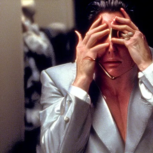 Prompt: Still of Patrick Bateman removing his venitian mask in Eyes Wide Shut (1999)