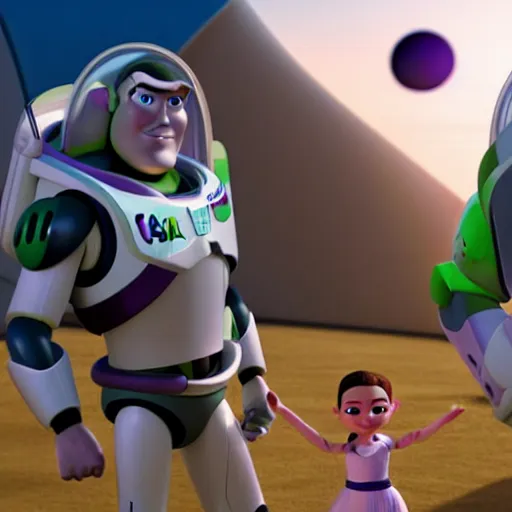 Image similar to buzz lightyear and rey skywalker holding hands
