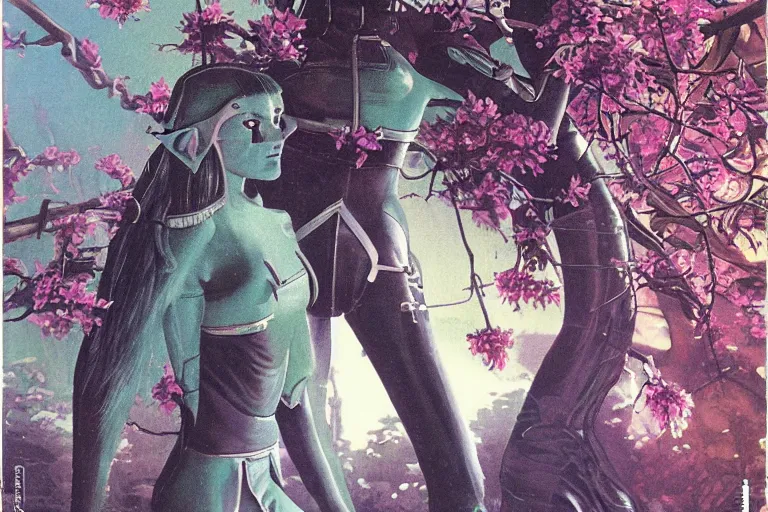 Image similar to 1979 OMNI Magazine Cover of a female Druidic elf with armor by a cherry tree in a Neo-Tokyo garden in cyberpunk style by Vincent Di Fate