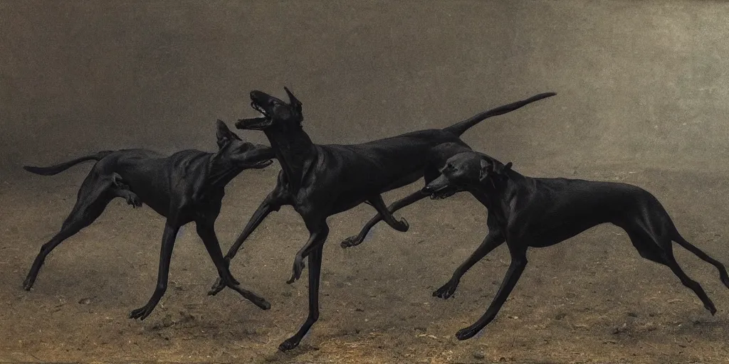 Image similar to black greyhounds running in the night, dark environment, by john charles dollman, nicola samori and andrew wyeth. highly detailed, realistic. dark atmosphere