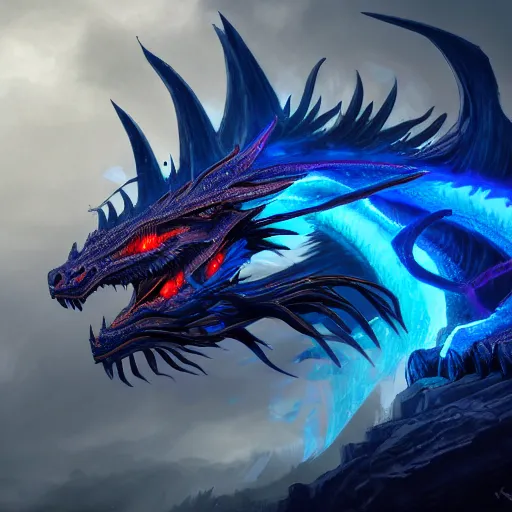 Prompt: a symmetrical dragon slightly covered in blue flames while roaring at the sky, low angle, concept art, cinematic pose, trending on artstation deviantart, 8k UHD, extremely detailed