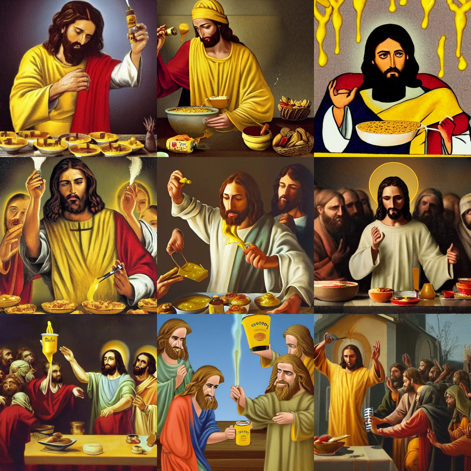 Prompt: Jesus pouring mustard on his followers