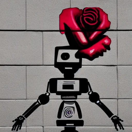 Image similar to a robot holding a rose in the style of Banksy, graffiti, digital art