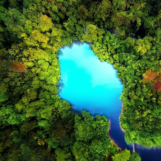 Prompt: color drone photo of a distant planet with lakes and jungles, multiple vibrant colors, rivers, aerial, hyperdetailed, ap photo