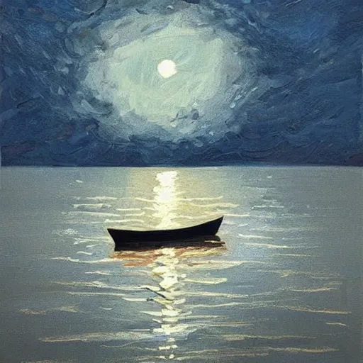 Image similar to a small boat under a moonlit sky with shimmering water. beautiful use of light and shadow to create a sense of depth and movement. using energetic brushwork and a limited color palette, providing a distinctive look and expressive quality in a rhythmic composition