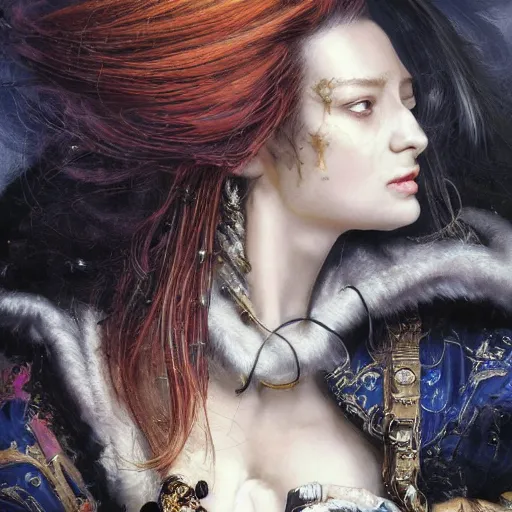 Image similar to portrait, headshot, insanely nice professional hair style, dramatic hair color, digital painting, of a old 17th century, old cyborg merchant, amber jewels, baroque, ornate clothing, scifi, realistic, hyperdetailed, chiaroscuro, concept art, art by Franz Hals and Jon Foster and Ayami Kojima and Amano and Karol Bak,