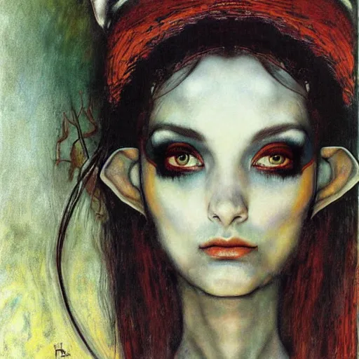 Prompt: head and shoulders portrait of a female elf sorcerer, royo, klimt, miro, vallejo, frazetta, giger, whealan