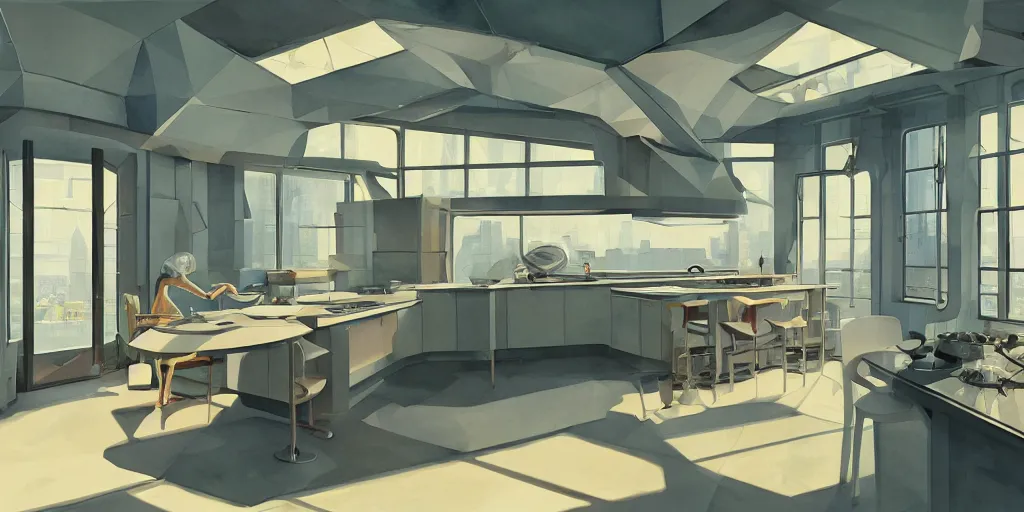 Prompt: a beautiful illustration of futuristic kitchen, lots of furniture, big medium small, sacred geometry, golden ratio, in watercolor gouache detailed paintings, in style of syd mead, trending on artstation, 8 k, panel, hard surface, wallpaper, zaha hadid, scattered props, plant, cozy, decoration, simon stalenhag, wes anderson, cyberpunk, insanely detailed