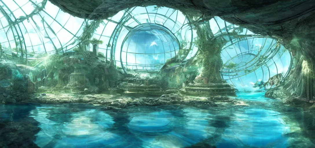 Prompt: beautiful view of an underwater city, encased in a glass dome, caustics, water, dappled light, reflections, bubbles, refraction, symmetry, dramatic lighting, ultra detailed, sharp, ambient occlusion, bloom, raytracing, vibrant, vivid colors, picturesque, by dylan cole and jordan grimmer