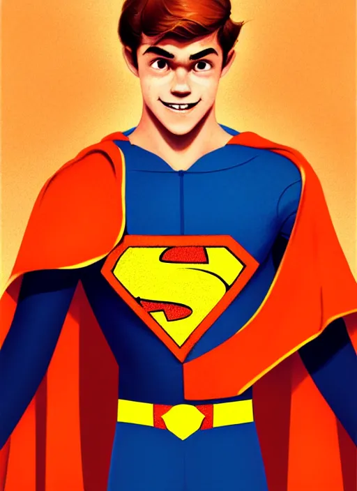 Image similar to friendly teenage archie andrews wearing an orange superhero costume with heart logo, freckles, superhero costume, heart emblem on chest, cape, intricate, elegant, glowing lights, highly detailed, digital painting, artstation, sharp focus, illustration, art by wlop, mars ravelo and greg rutkowski