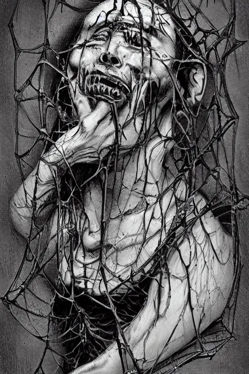 Image similar to portrait of a grotesque man spider wrapped in thick webs. horror art. disgusting.