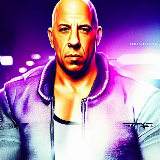 Image similar to vin diesel portrait, cyberpunk 2 0 7 7, cyberpunk jackie welles, photorealistic, ultra detailed, neon, octane, bokeh, cinematic lighting, cyber, cyberpunk city, studio quality, feature, scars, cyberface, 8 k