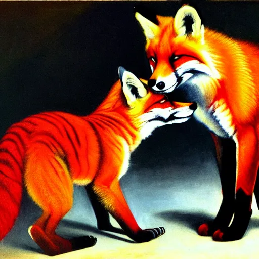 Image similar to only with red, in a red dream world, a crimson tiger tries to close an important deal with a red fox, in the style of beskinsky, part by hopper, part by rodcenko, part by hofbauer, intricate composition and red by caravaggio, insanely quality, masterpiece, oil on canvas, award winning, dramatic,