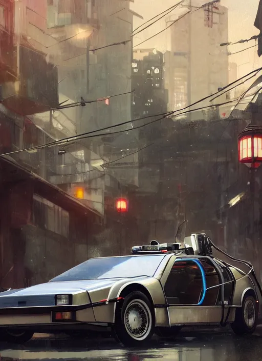 Image similar to 1 9 2 2 delorean in a japanese city, 4 k, greg rutkowski, highly detailed, retrofuturistic, artstation