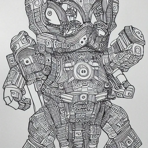 Image similar to lego character, pen and ink, intricate line drawings.