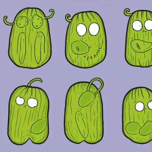 Prompt: an illustrated case study of self-conscious pickles of various types