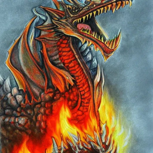 Image similar to firefighters against a fire - breathing dragon, pencil art, fire, colorful