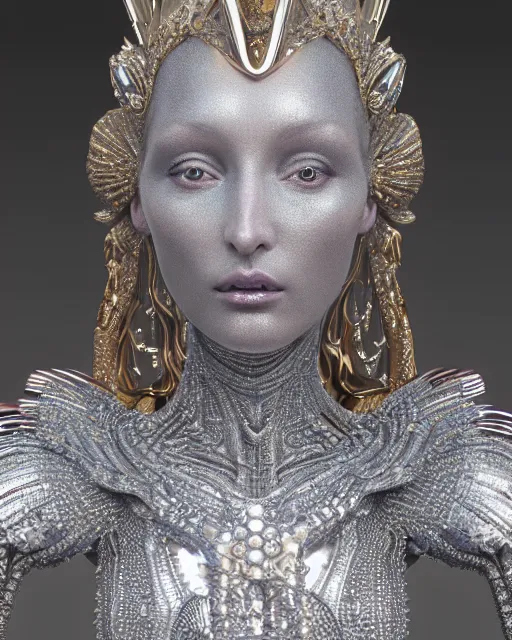 Image similar to a highly detailed metahuman 4 k close up render of an alien goddess bella hadid monument gothic in iris van herpen dress schiaparelli in diamonds crystals swarovski and jewelry iridescent in style of alphonse mucha gustav klimt trending on artstation made in unreal engine 4