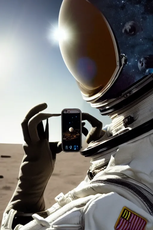 Image similar to extremely detailed portrait of space astronaut, wearing gloves, holds iphone, iphone visible, iphone in hand, reflection of the moon in visor, alien looking over shoulder from behind, extreme close shot, dramatic backlight, award winning photo by jimmy nelson