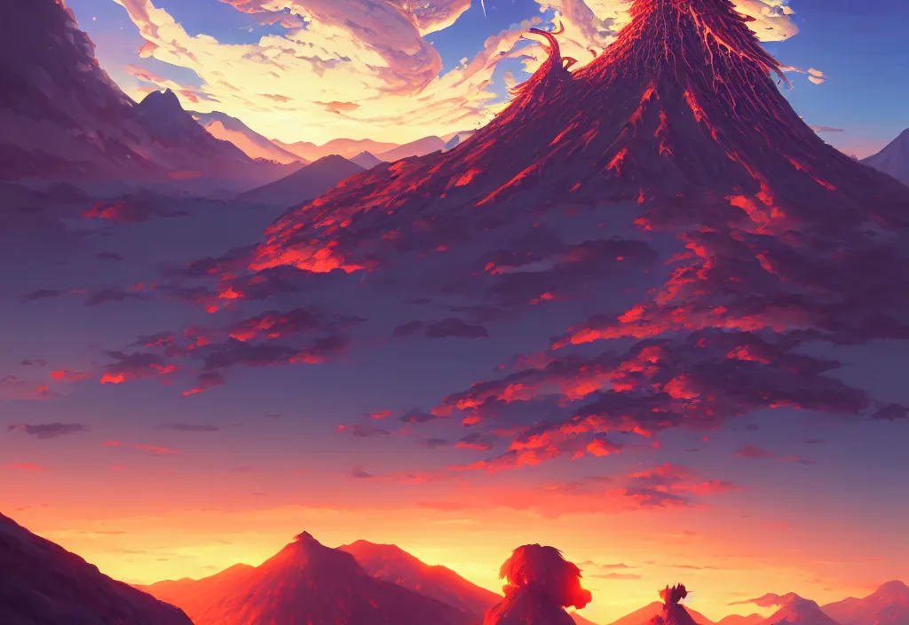 Image similar to giant fishbones with a volcano in the background, intricate oil painting, high detail illustration, sharp high detail, manga and anime 1 9 9 9, official fanart behance hd artstation by jesper ejsing and makoto shinkai, 4 k,