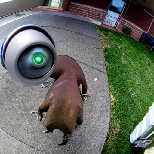 Image similar to fisheye view of dinosaur stealing packages, ring doorbell view