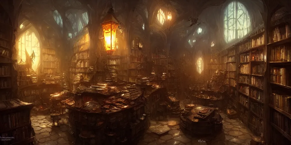 Prompt: ! dream dark book shop interior by bastien lecouffe - deharme and charles bowater, greg rutkowski, adventure game, inspired by diablo concept art