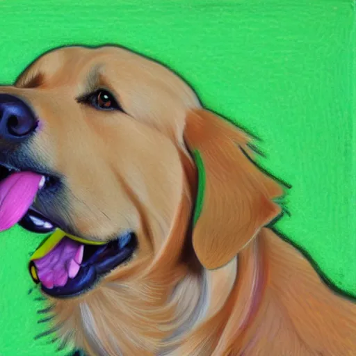 Prompt: oil pastel portrait of a golden retriever with its tongue out, green yellow gradient background