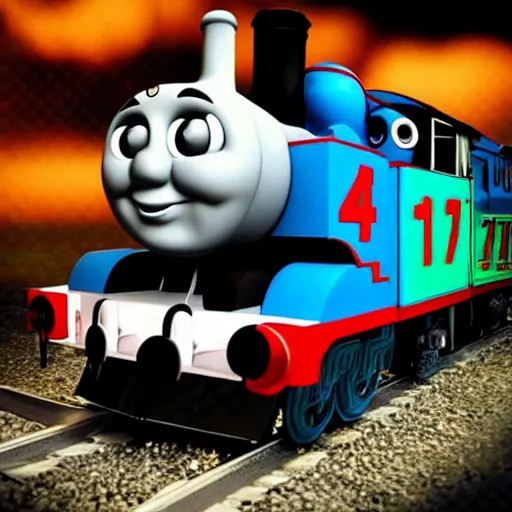 Prompt: Scary Thomas the Train with its glowing eyes at night ,grey and dark theme,creepy,gloomy