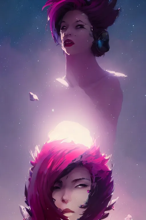 Image similar to A beautiful woman with magenta hair covering her face basking in the moonlight on a bed of obsidian crystals below planets, tall tree, cinematic lighting, dramatic atmosphere, by Dustin Nguyen, Akihiko Yoshida, Greg Tocchini, Greg Rutkowski, Cliff Chiang, 4k resolution, trending on artstation