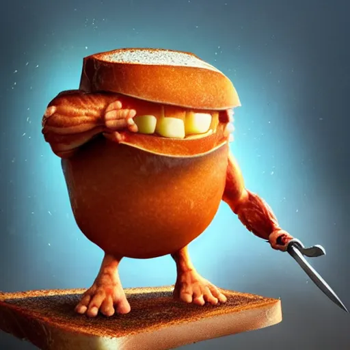 Image similar to battle toast, a slice of toasted bread with a face, arms and legs, holding a sword, cute, pixar, volumetric lighting, dynamic composition, fantasy, hyper detailed, ultra realistic, sharp focus, octane render, concept art by ruan jia and heng z and artem