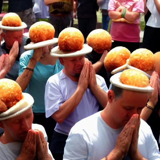 Prompt: people pray behind a hamburger god