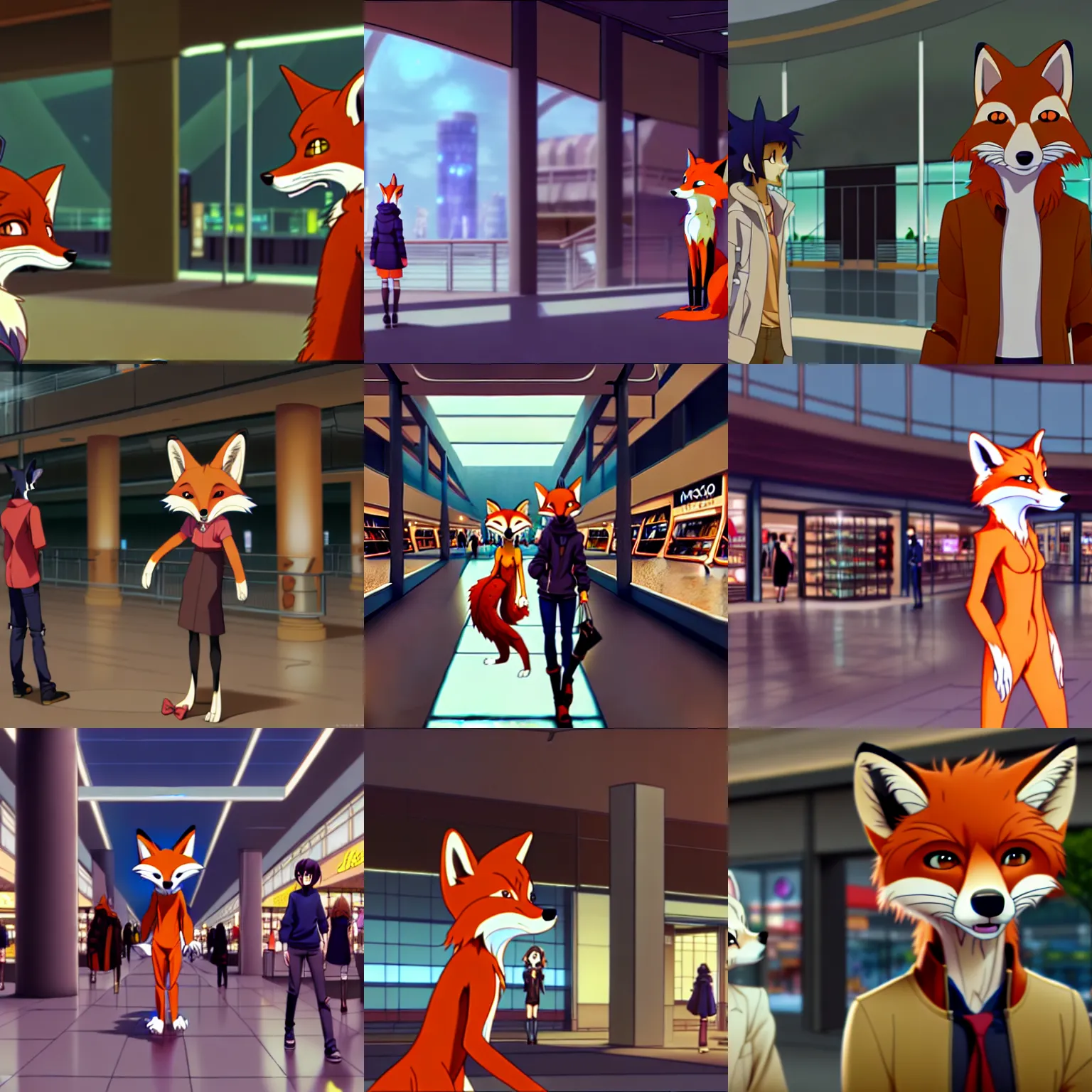 Prompt: an anthropomorphic furry fox shopping at a futuristic mall, photorealistic, anime, makoto shinkai, james gurney, don bluth, hibbary, dark natasha, goldenwolf, furaffinity