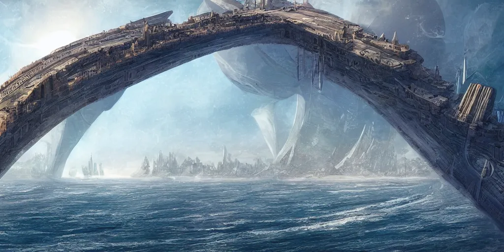 Prompt: illustration, concept illustration, a single giant ancient linear city on a single bridge, giant continent bridge city build over the ocean in a straight line, Huge supports with arches, ships with sails underneath, fading into the distance