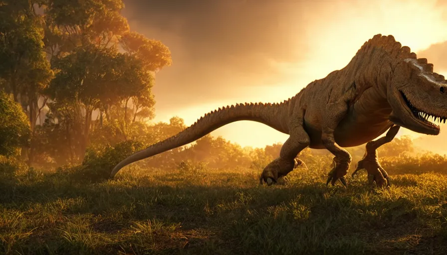 Image similar to hyper realistic highly detailed nature photography of a dinosaur, prehistoric planet, volumetric lighting, octane render, 4 k resolution, golden hour