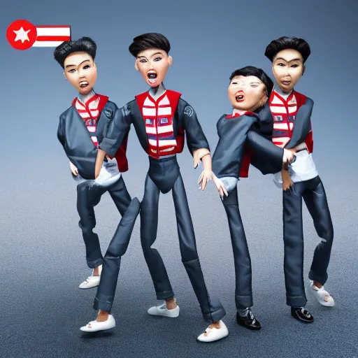 Prompt: kim jong un doll screaming with bts boy band dolls octane render