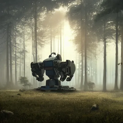 Image similar to A panoramic photograph of a giant robot working on a workstation in an uniform printing photos on a giant printer, around him 5 people are standing in a misty forest grove, large landscape, stars overhead, by Greg Rutkowski, 4k photorealistic, volumetric lighting, HD, high details, dramatic, trending on artstation