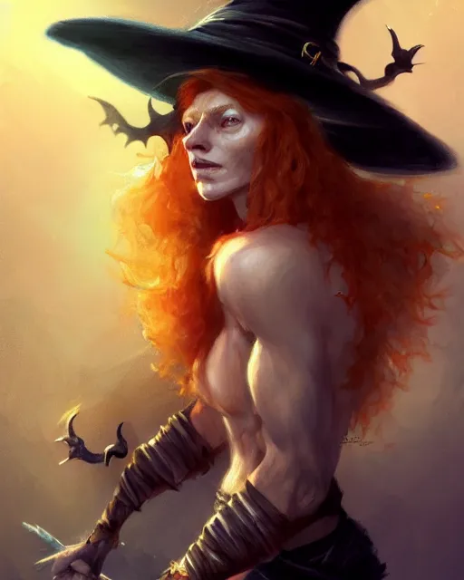 Prompt: cute muscular witch, perfect face, black pointed hat, halter top, ginger hair, abs, cinematic, freckles, stunning, adorable, athletic, strong, agile, highly detailed, psychedelic, digital painting, artstation, smooth, hard focus, illustration, art by jessica rossier and and brian froud