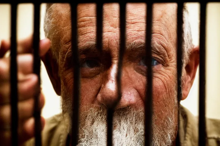 Prompt: an 8 5 mm portrait of a old man in prison looking through the bars of his cell, by annie leibovitz, shallow depth of field, cinematic lighting