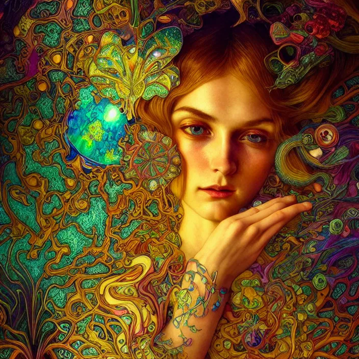 Prompt: extremely psychedelic macro, DoF, LSD, microscopic, diffuse lighting, fantasy, intricate, elegant, highly detailed, lifelike, photorealistic, digital painting, artstation, illustration, concept art, smooth, sharp focus, art by John Collier and Albert Aublet and Krenz Cushart and Artem Demura and Alphonse Mucha