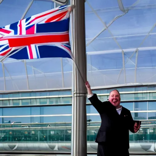 Prompt: fat middle aged british man waving british flag in heathrow airport