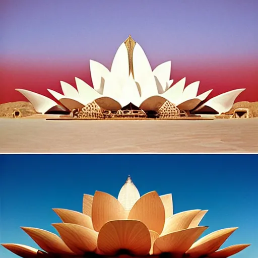 Image similar to futuristic lotus fractal temple with gold, red and white marble panels, in the desert, by buckminster fuller and syd mead, intricate contemporary architecture, photo journalism, photography, cinematic, national geographic photoshoot