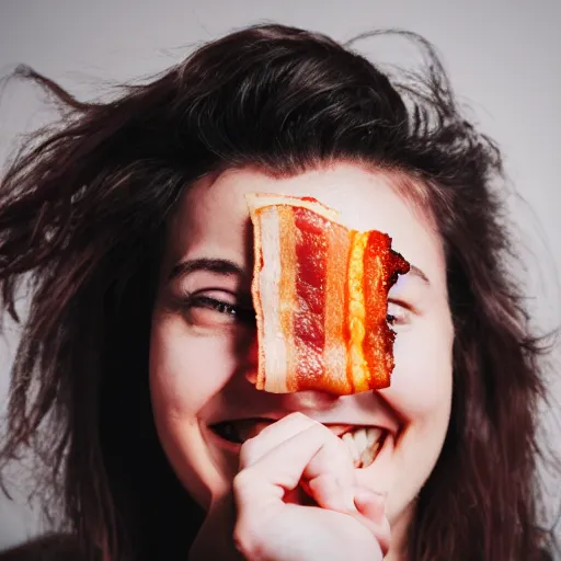 Prompt: A woman with a strip of bacon on her forehead smiles at the camera and makes a peace sign, photo, 4k