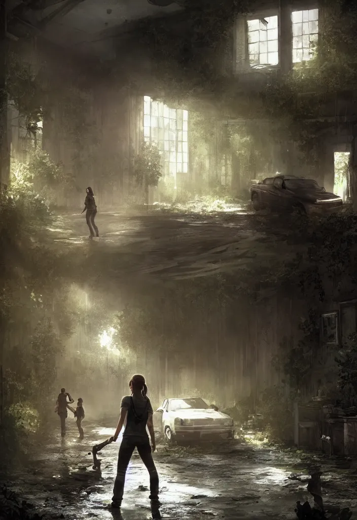 Image similar to an environmental concept art of the last of us, interior, character standing with back to camera, highly detailed, environmental light, strong lighting, cinematic by francis tneh