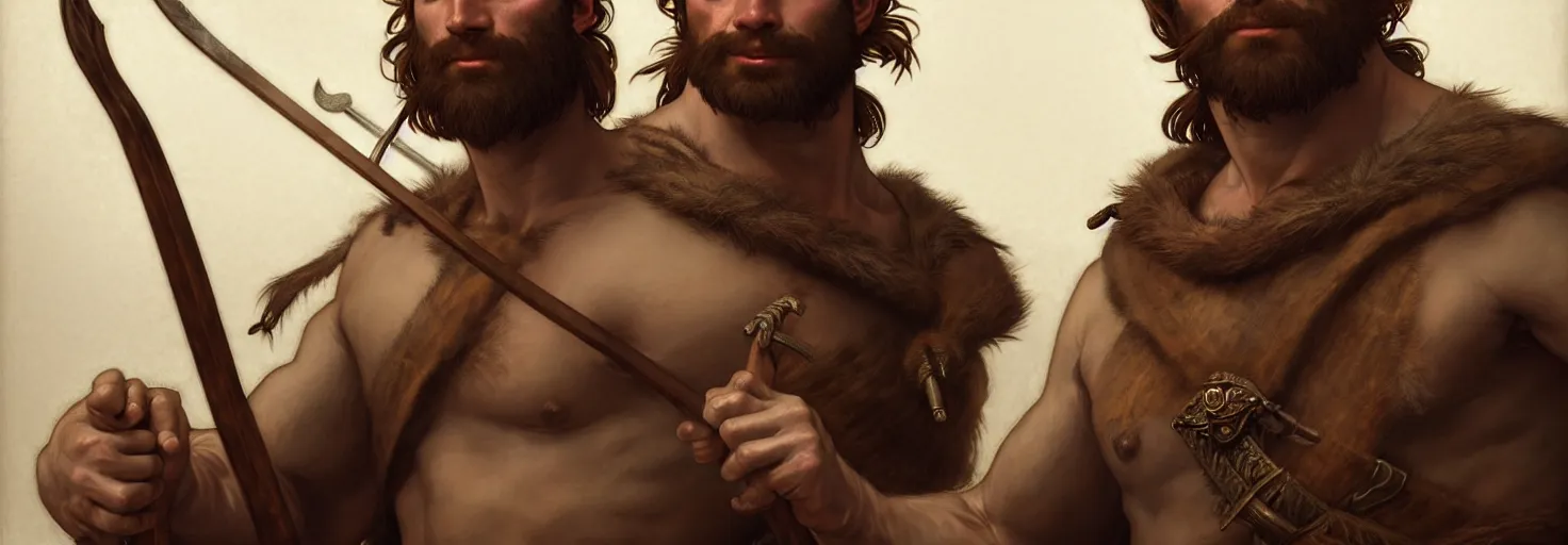 Image similar to renaissance upper body portrait of a gruff ranger with a spear, kurikuro, lean and toned, handsome face, hairy chest, D&D, intricate, elegant, highly detailed, digital painting, artstation, concept art, matte, sharp focus, illustration, art by da Vinci, Artgerm and Greg Rutkowski and Alphonse Mucha