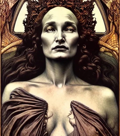 Image similar to detailed realistic beautiful young jessica lange as queen of mars face portrait by jean delville, gustave dore and marco mazzoni, art nouveau, symbolist, visionary, gothic, pre - raphaelite. horizontal symmetry by zdzisław beksinski, iris van herpen, raymond swanland and alphonse mucha. highly detailed, hyper - real, beautiful