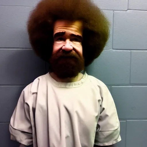 Image similar to jailphoto of a cute bob ross dressed as an inmate inside jail