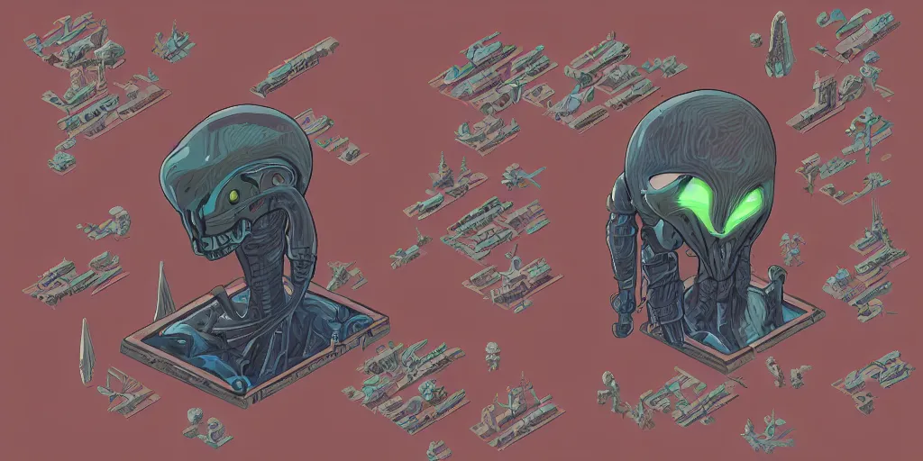 Image similar to isometric portrait of advanced alien, his last moment, mystical, technology meets fantasy, map, infographic, concept art, art station, style of giger, wes anderson