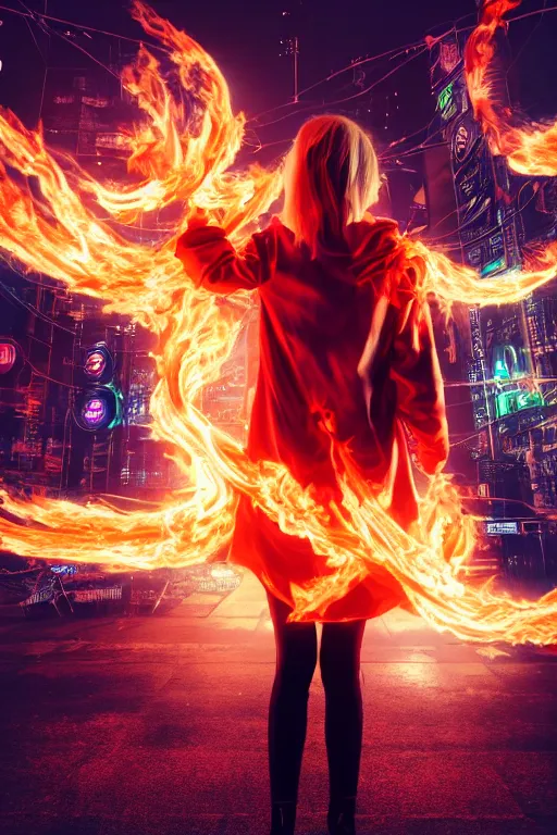 Image similar to young blonde woman from behind with flames dancing on her hands with a long jacket in a cyberpunk city, realistic, high definition, 4K, shimmering color, epic digital art